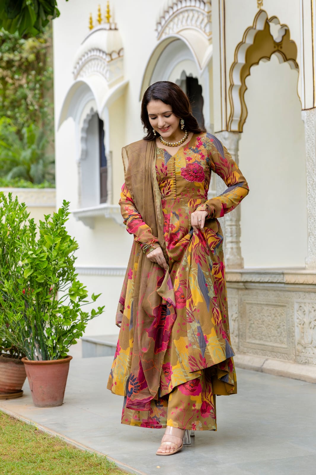 Printed chinon anarkali kurti with plazzo and dupatta