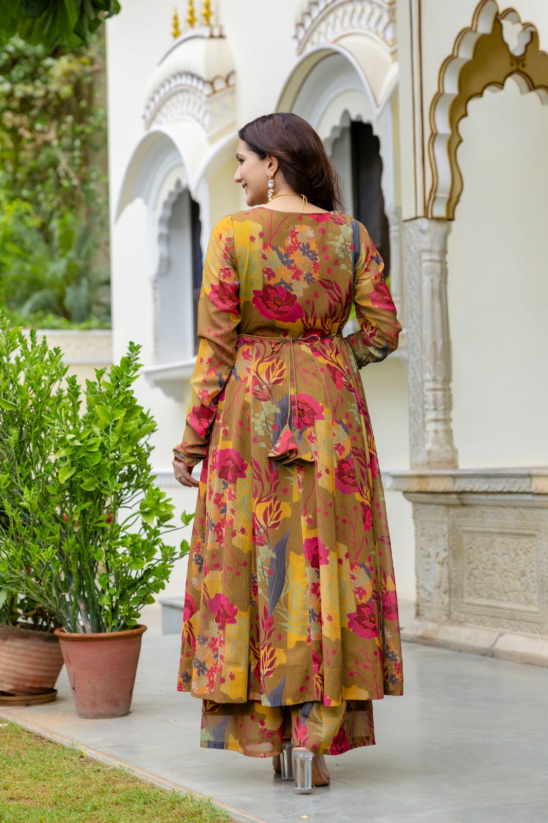 Printed chinon anarkali kurti with plazzo and dupatta