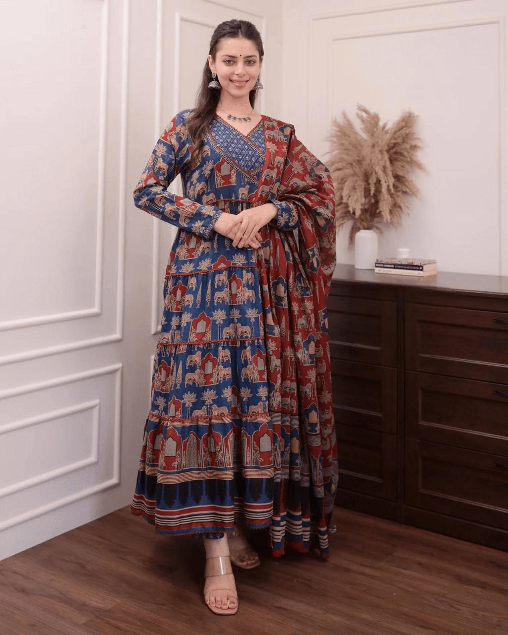 Vintage print angarkha pattern anarkali kurta set - Eraya