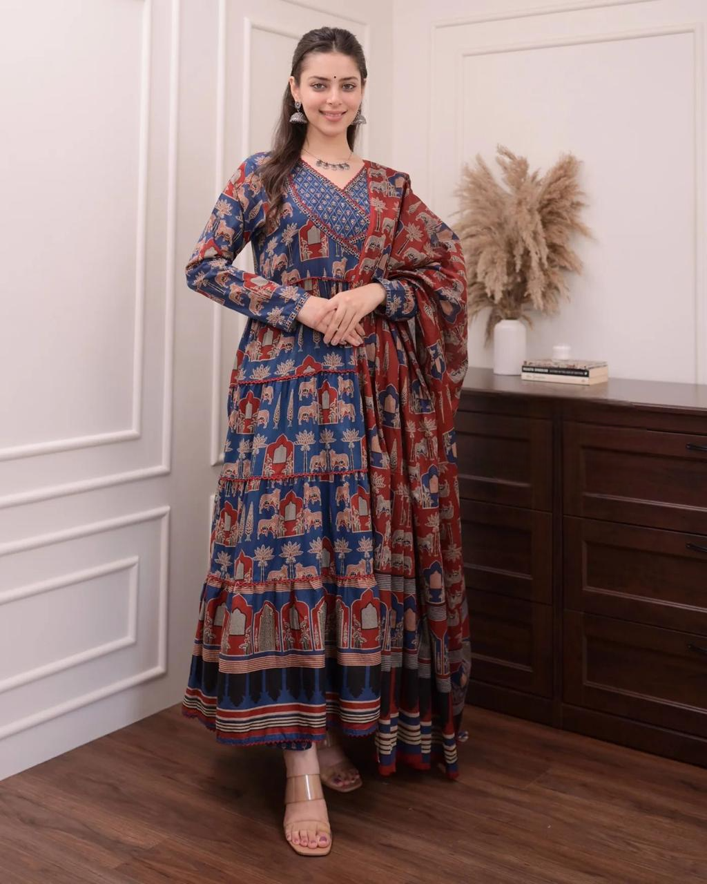 Vintage print angarkha pattern anarkali kurta set