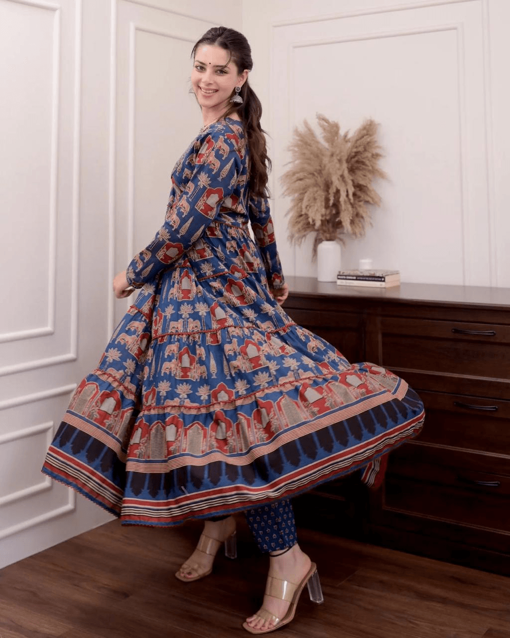 Vintage print angarkha pattern anarkali kurta set - Eraya