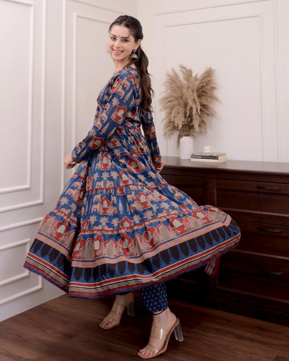 Vintage print angarkha pattern anarkali kurta set