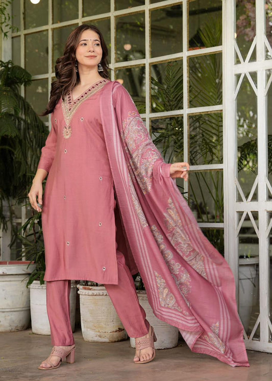 Beautiful silk fabric three piece kurti set paired with printed chanderi silk dupatta