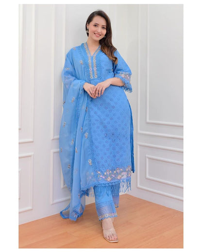 Heavy Afghani Cotton chikan suit set paired with organza dupatta