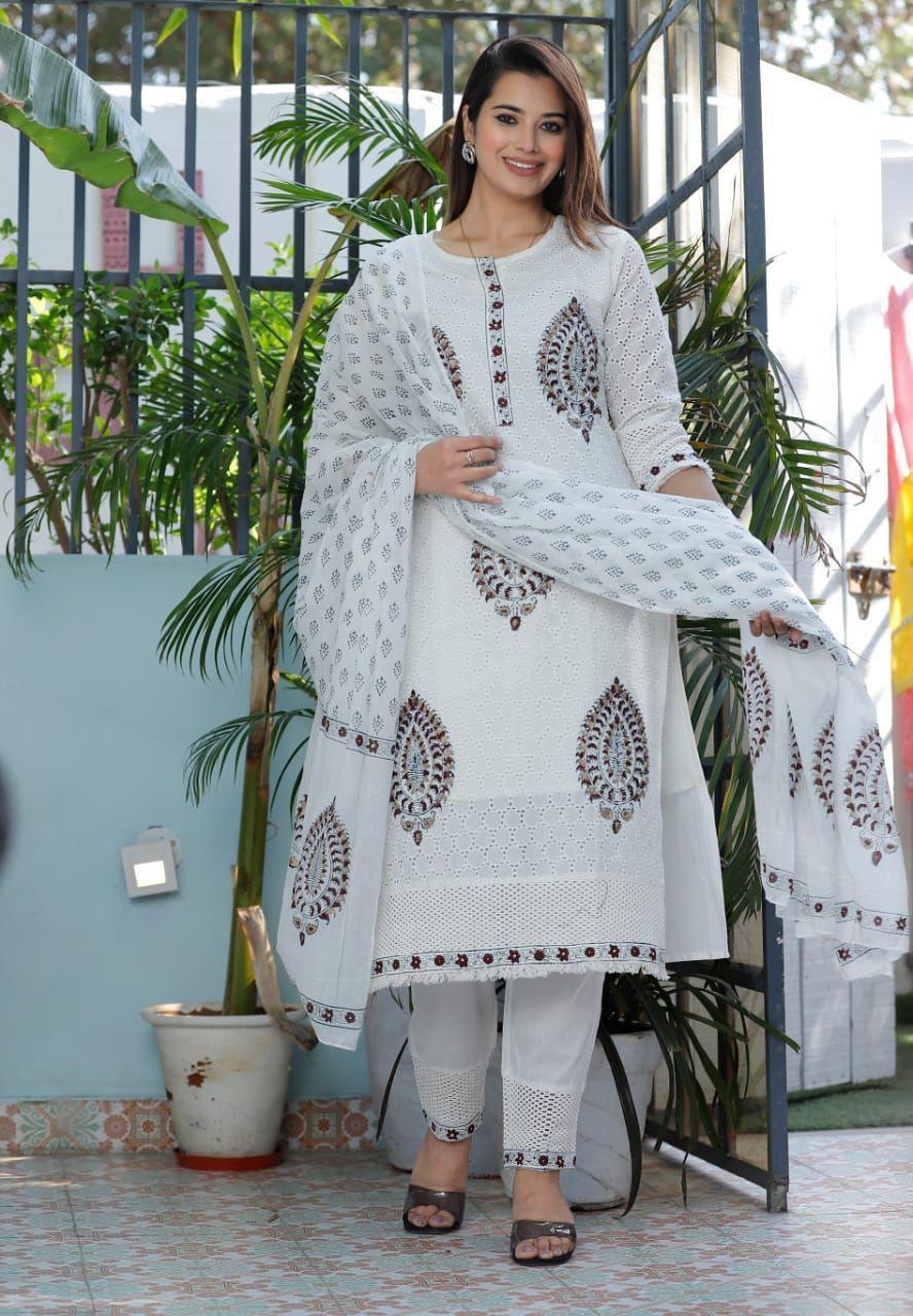 Beautiful Chikankari schiffli Cotton fabric three piece kurti set