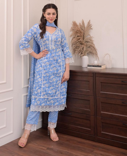 Sky Blue Floral Afghani Cotton Suit set