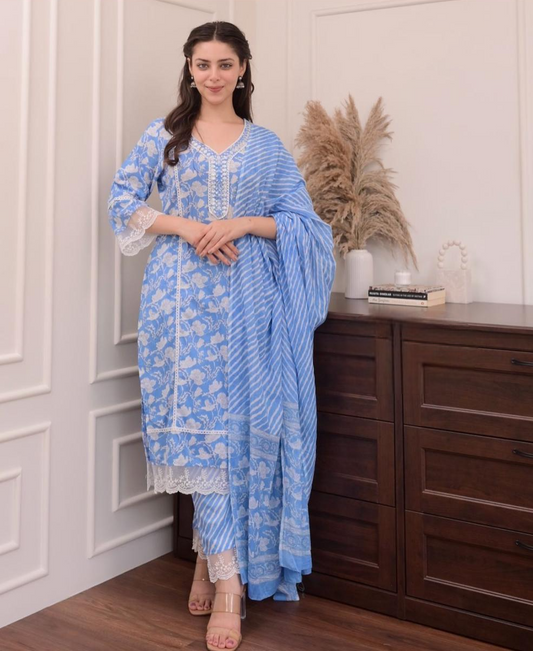 Sky Blue Floral Afghani Cotton Suit set