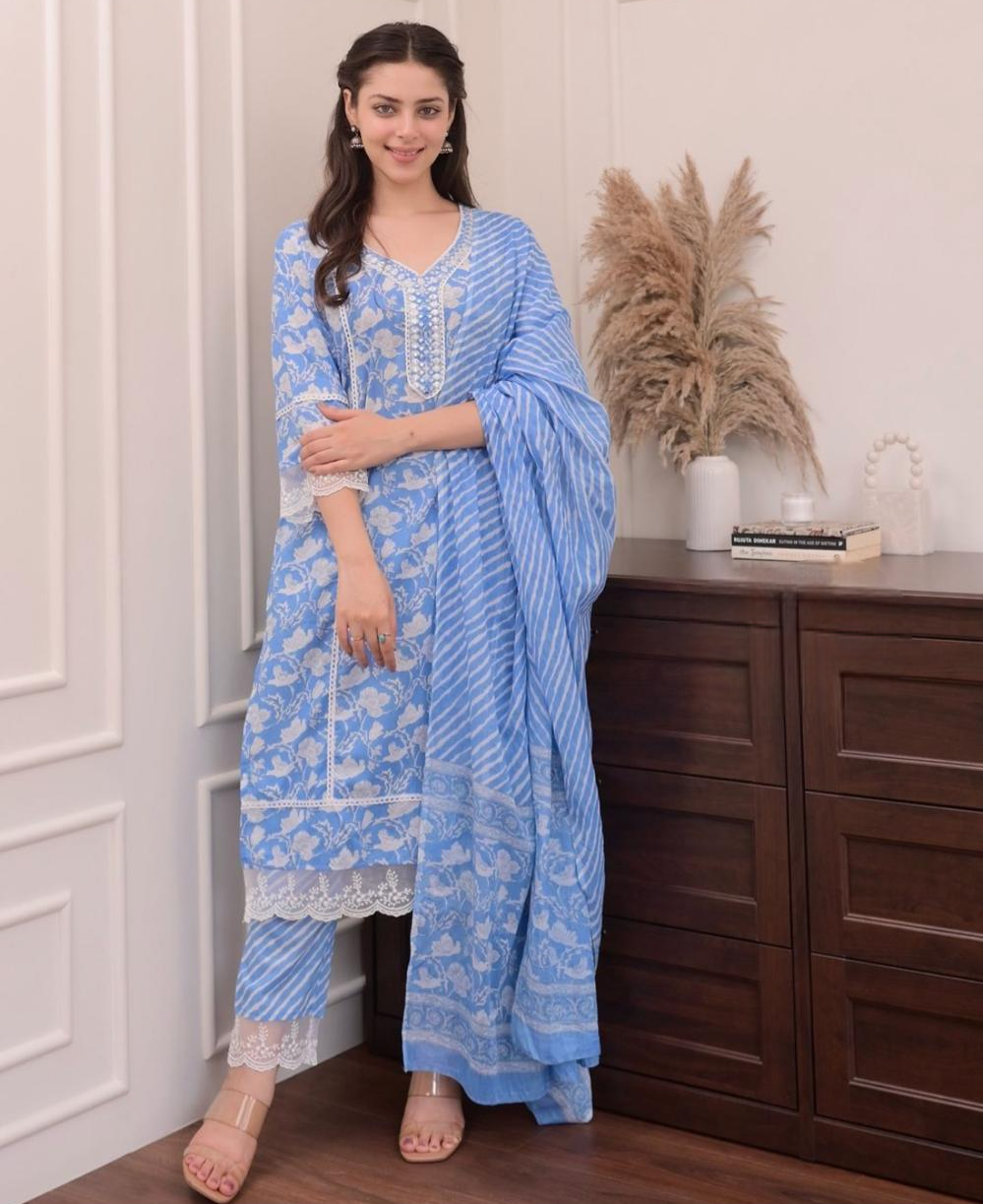 Sky Blue Floral Afghani Cotton Suit set