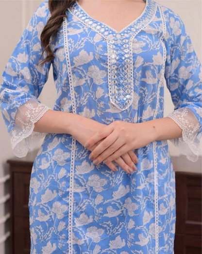 Sky Blue Floral Afghani Cotton Suit set