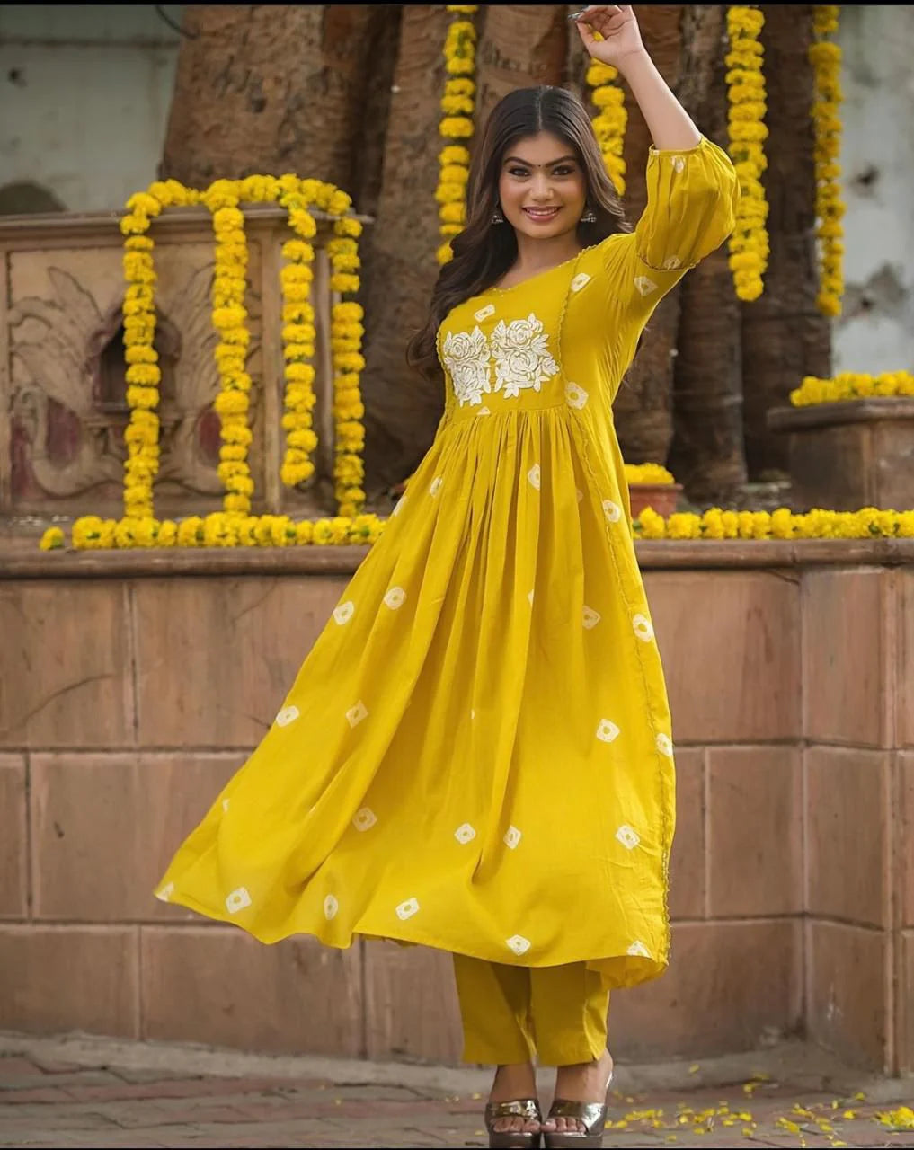 Yoke Embroidery Cotton Yellow Kurta Pant set