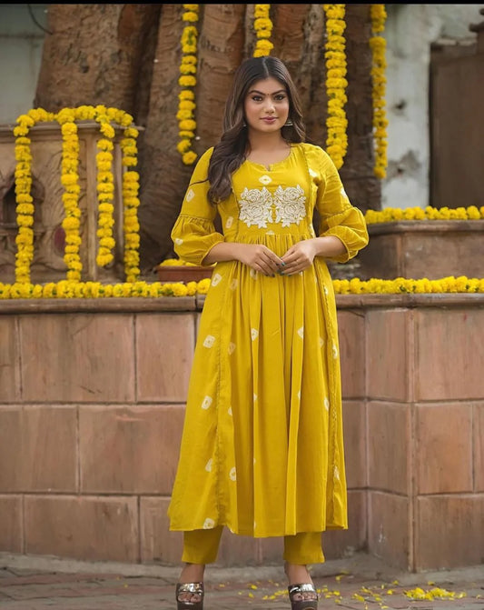 Yoke Embroidery Cotton Yellow Kurta Pant set