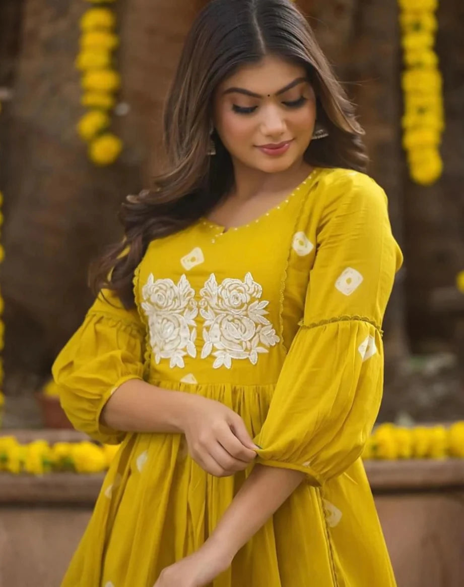 Yoke Embroidery Cotton Yellow Kurta Pant set