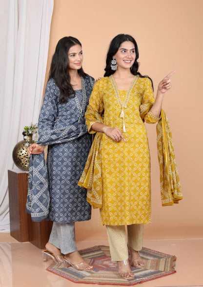 Premium printed cotton fabric kurti-pant set with mulmul dupatta!