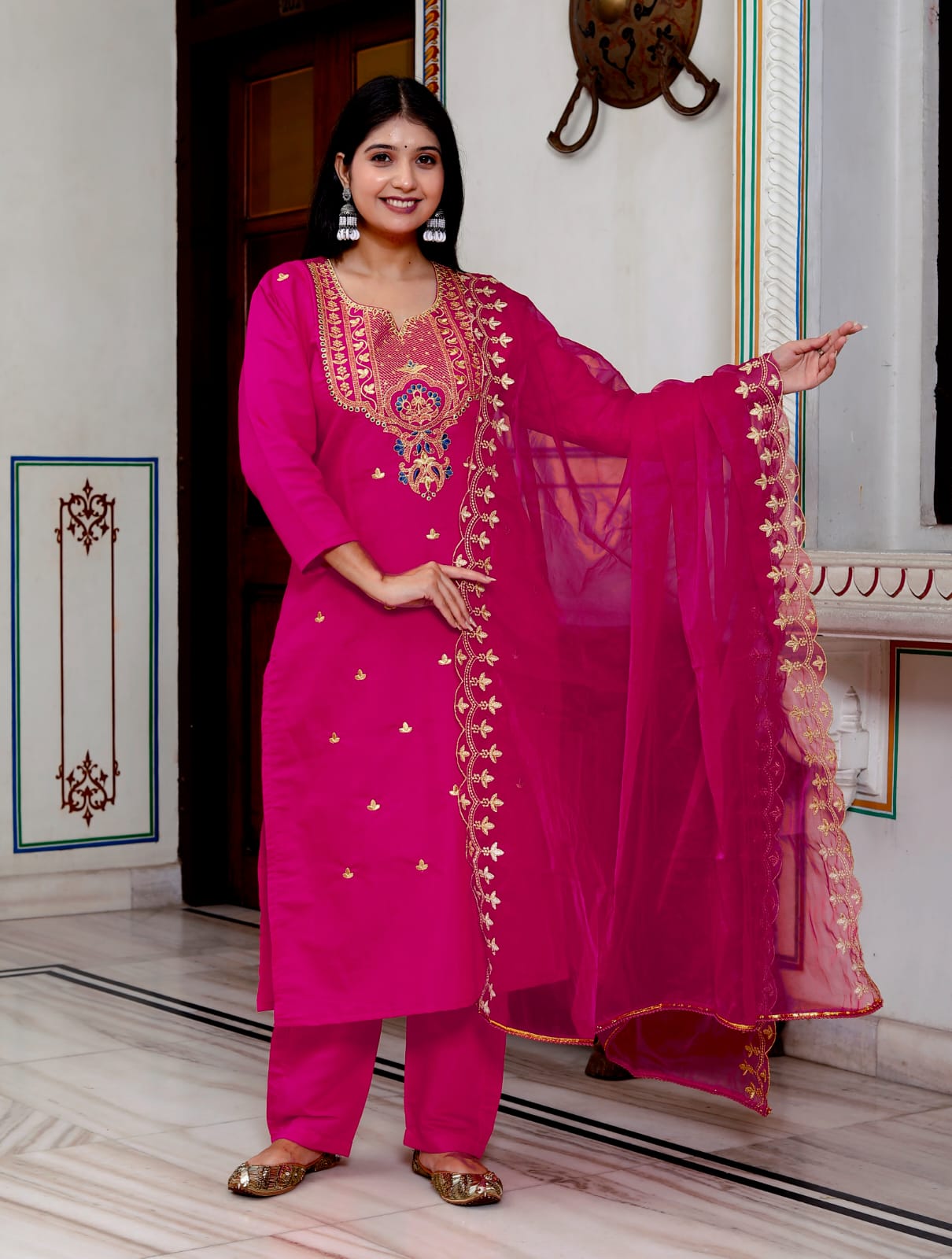 Roman silk elegant crafted kurti set with organza dupatta