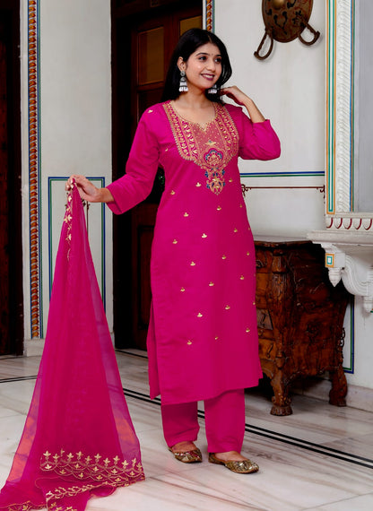 Roman silk elegant crafted kurti set with organza dupatta