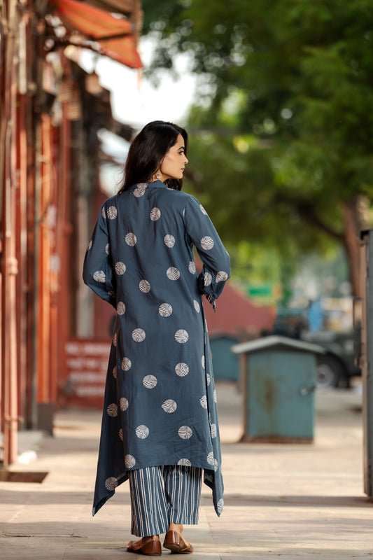 Handcrafted boho apparel: Block-printed and embroidered kurta-plazo set