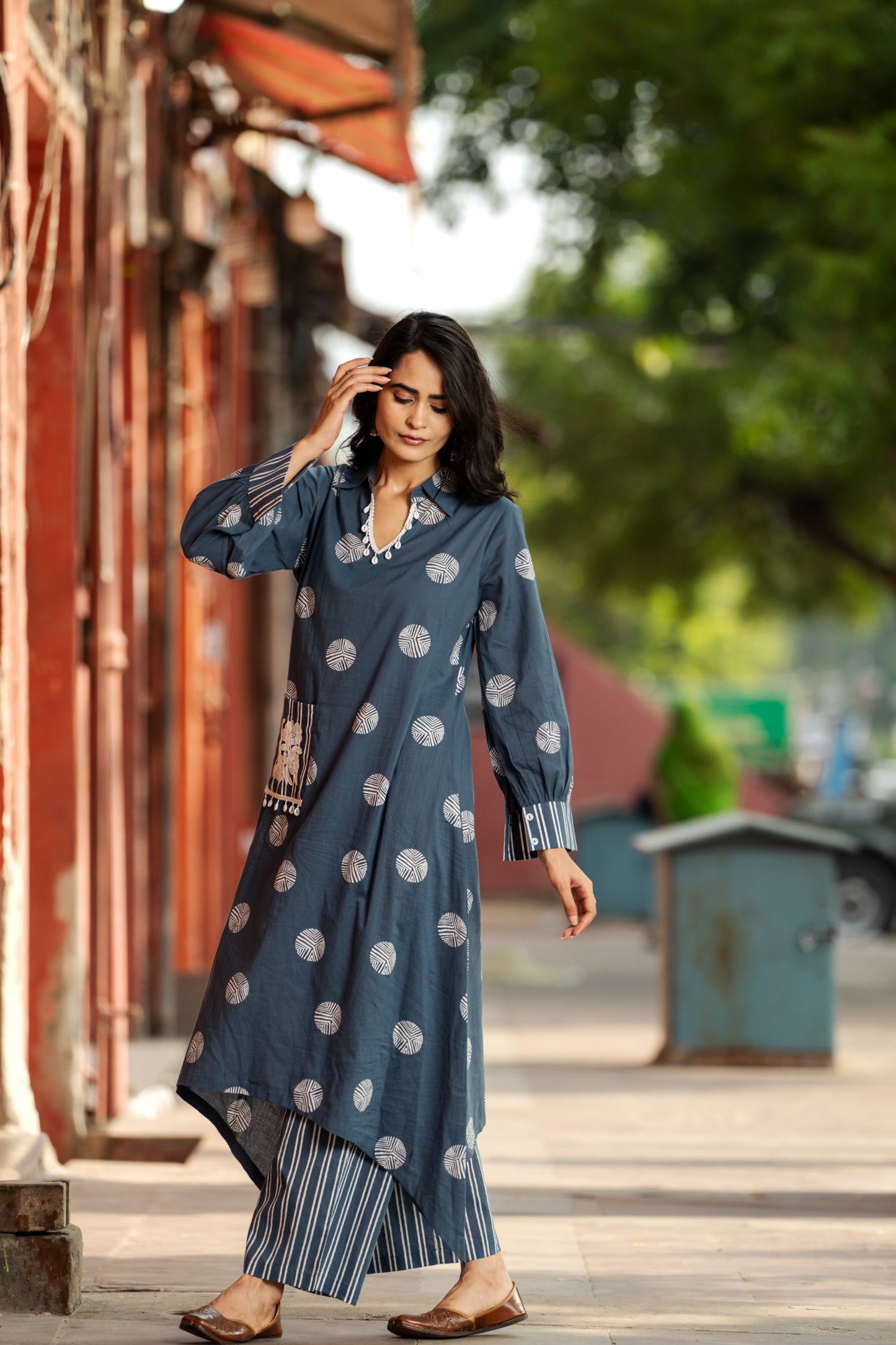 Handcrafted boho apparel: Block-printed and embroidered kurta-plazo set