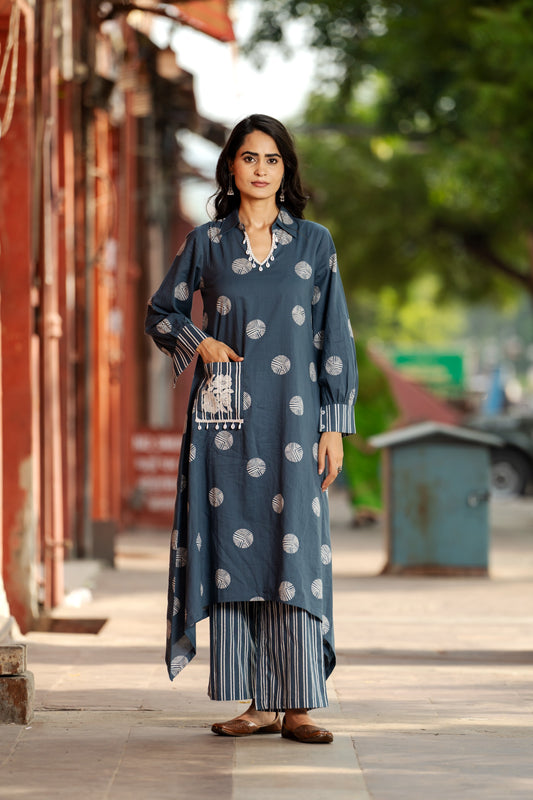 Handcrafted boho apparel: Block-printed and embroidered kurta-plazo set