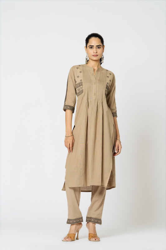 The house of khakhi: Heavy cotton front/back embroidered, pintex work kurta-pant set