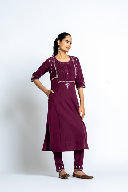 Intoxicating colours of wine: An intricate embroidered kurta-pant set