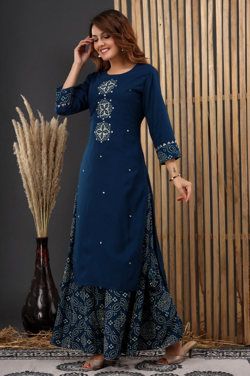 Classy divider-suit set: A partywear rayon kurti and divider