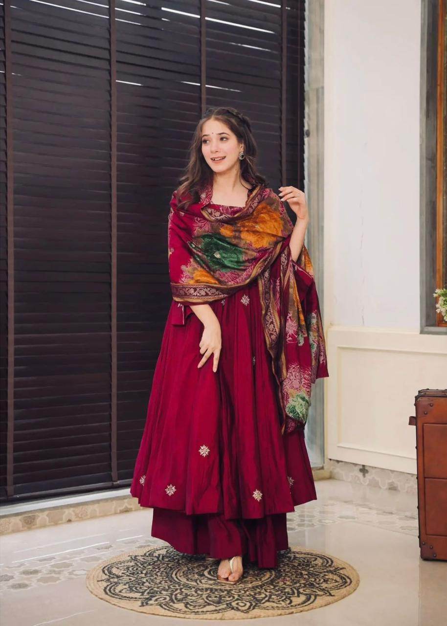 Sequence embroidered wine colour three piece gown set - Eraya