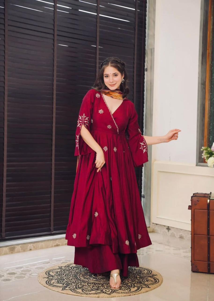 Sequence embroidered wine colour three piece gown set