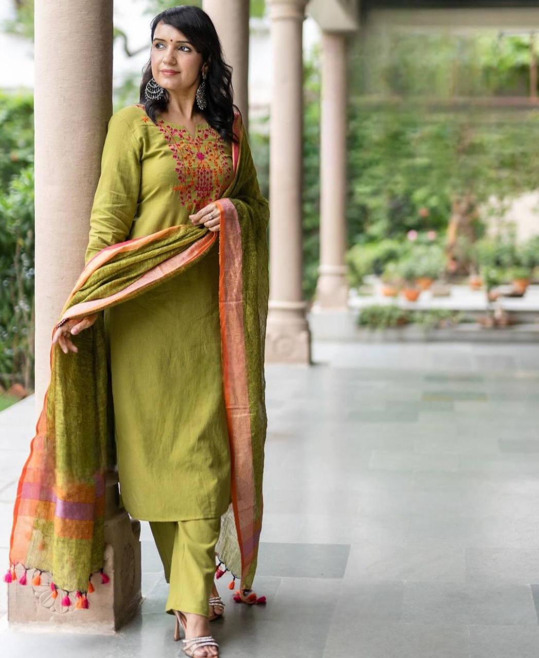 Classic aari embroidered three piece cotton kurti set