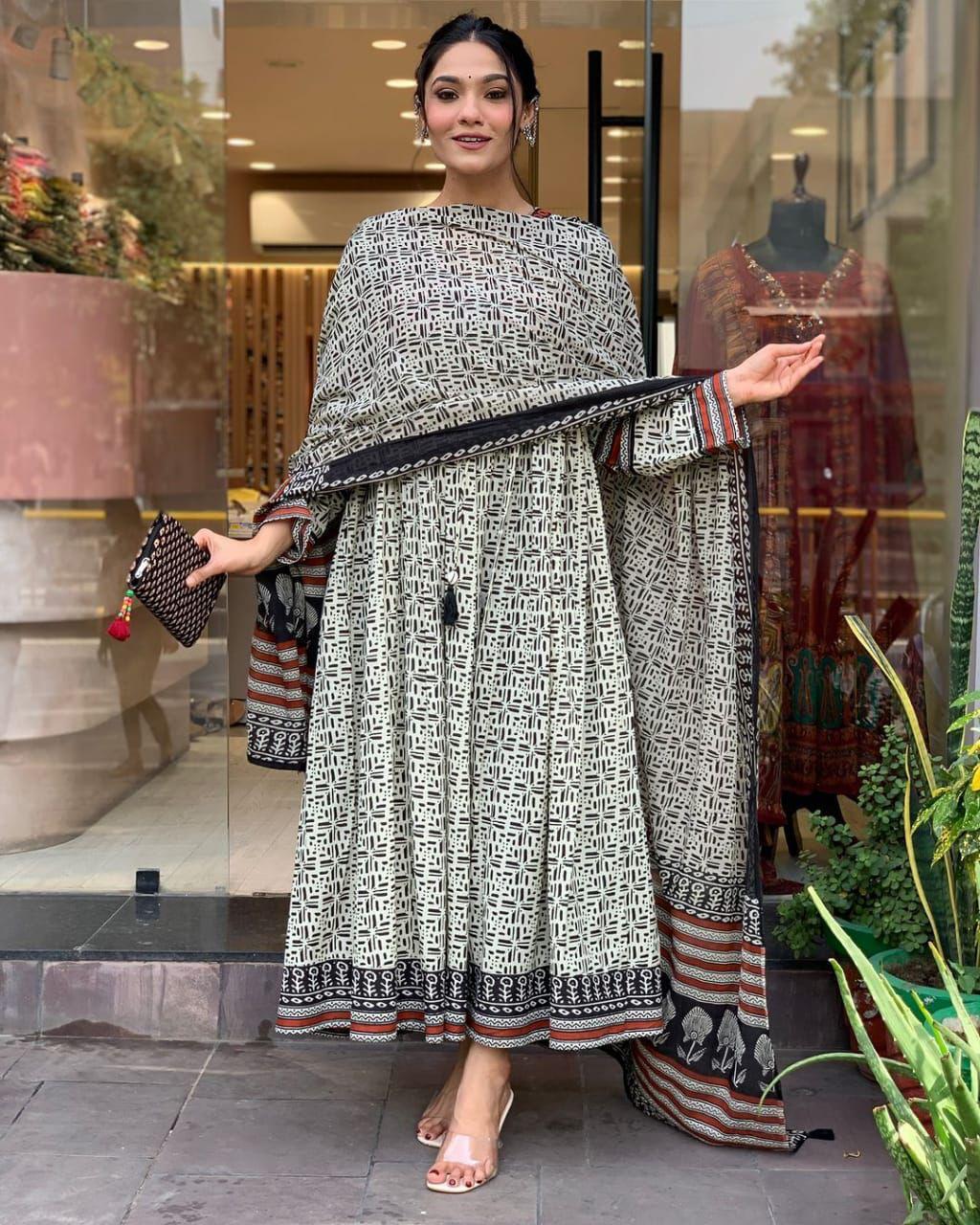 Elegant A-line block printed three piece kurti set