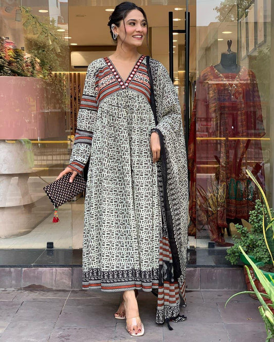 Elegant A-line block printed three piece kurti set