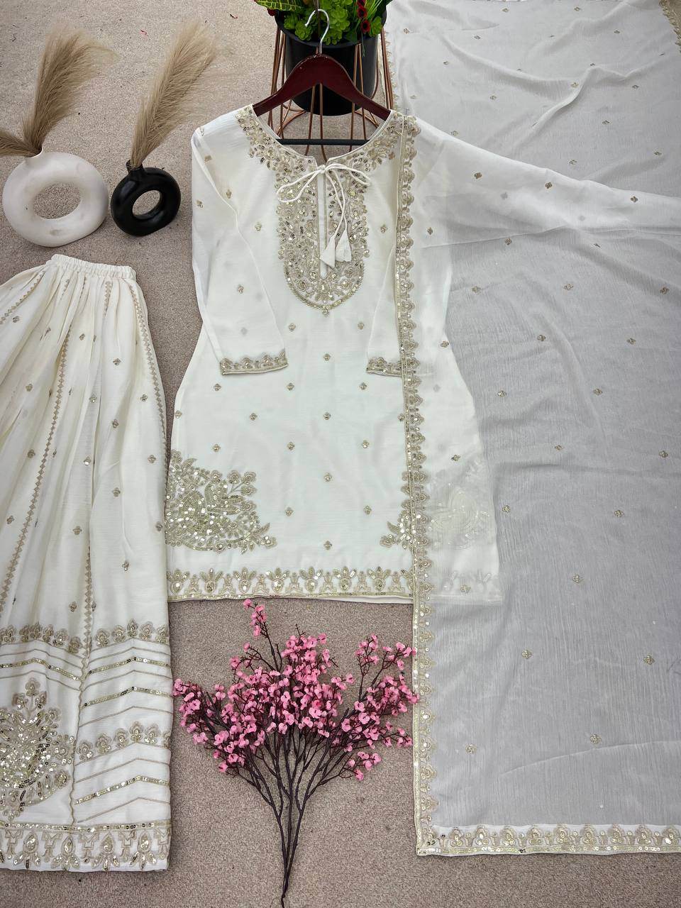 Pure chinon silk heavy embroidered kurti-gharara and dupatta set - Eraya