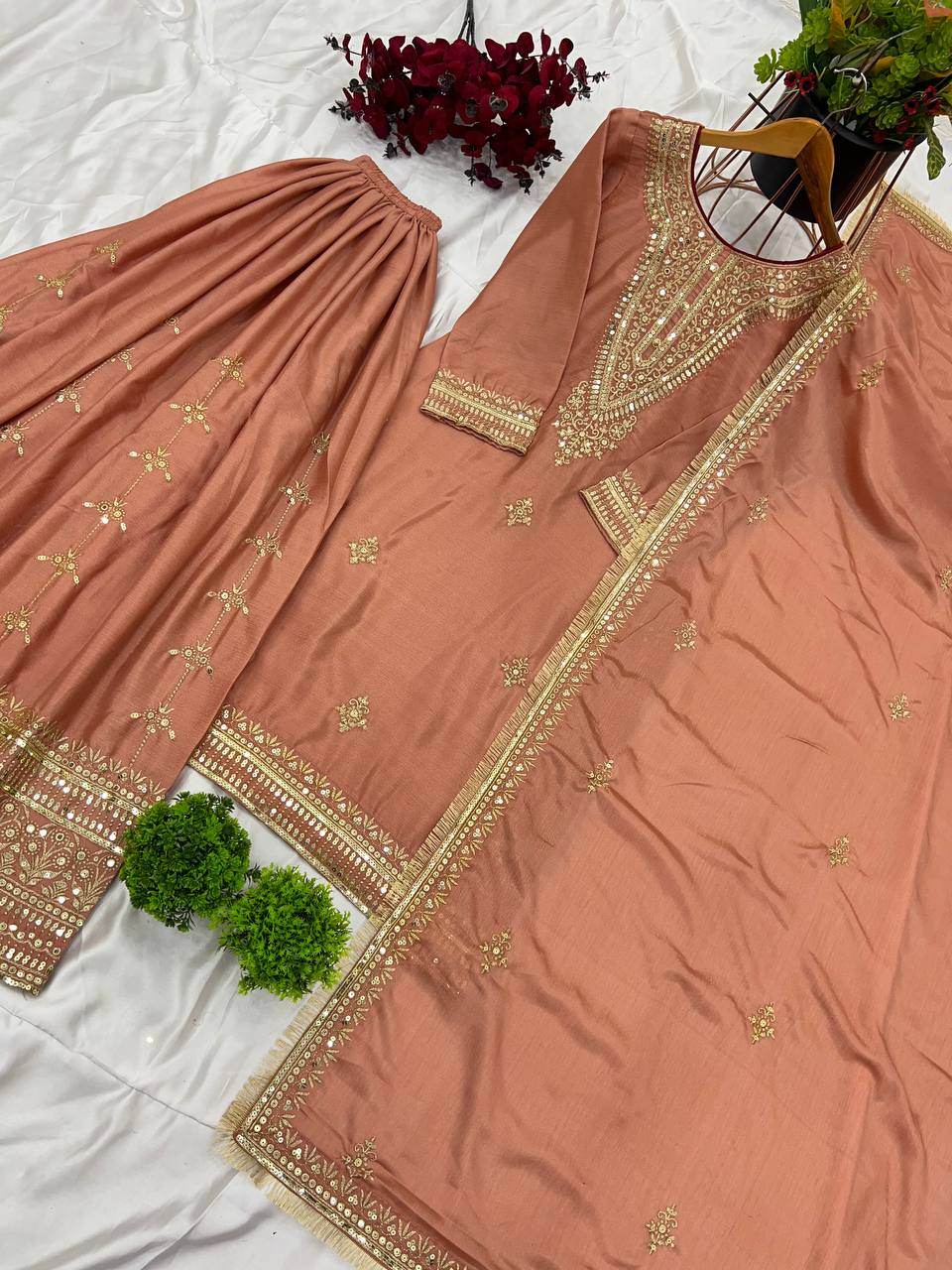 Beautifully embroidered sequence work kurti-plazo and dupatta set - Eraya