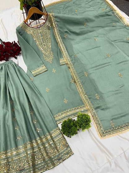 Beautifully embroidered sequence work kurti-plazo and dupatta set - Eraya