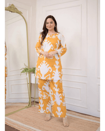 Printed yellow cotton short kurti-pant set - Eraya