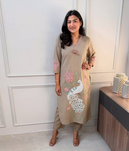 Classy embroidered cotton kurti-pant set