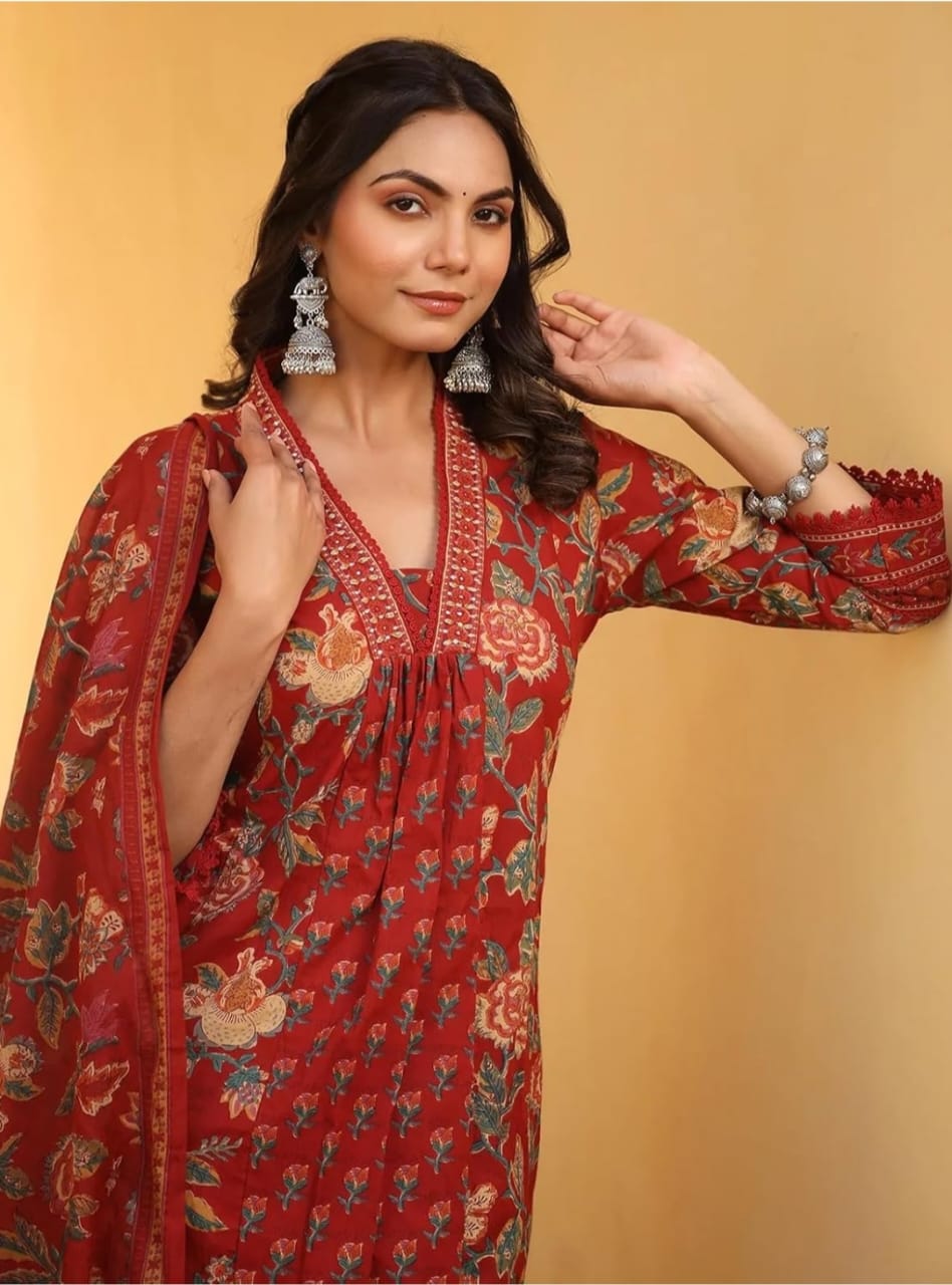 Intricate hand sequence work three piece kurti set