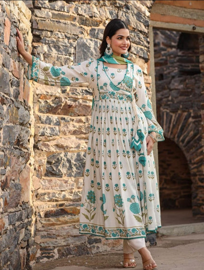 Embroidery yoke aliya cut style with beautiful print and naira cut kurta set