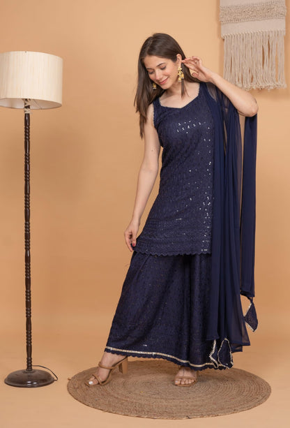 Partywear rayon kurta with sharara and chiffon dupatta