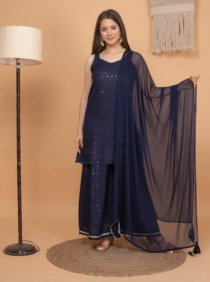 Partywear rayon kurta with sharara and chiffon dupatta