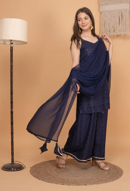 Partywear rayon kurta with sharara and chiffon dupatta