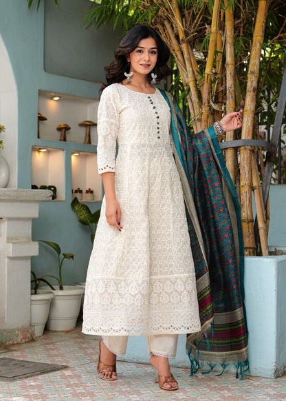 Pure lucknowi chikankari anarkali kurta with chanderi digital print dupatta