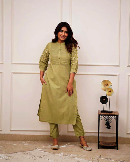 Pintex work with sleeves embroidered beautiful kurti pant set - Eraya