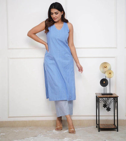 Elegant cut sleeves kantha cotton kurti pant set - Eraya