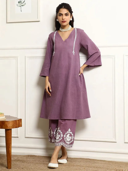 Lavender colour V-shaped cotton kurti-pant and dupatta set