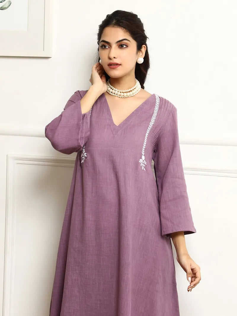 Lavender colour V-shaped cotton kurti-pant and dupatta set