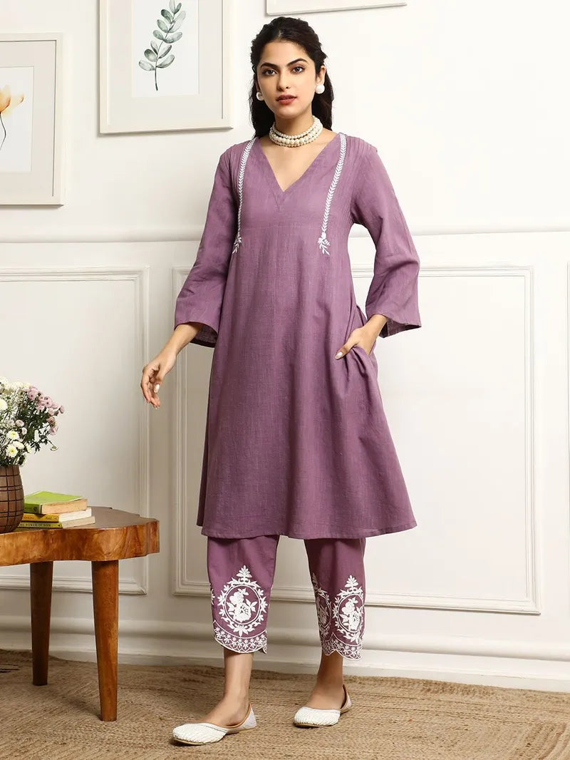 Lavender colour V-shaped cotton kurti-pant and dupatta set