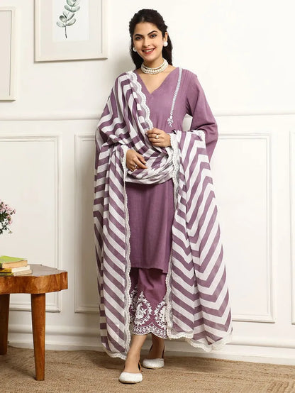 Lavender colour V-shaped cotton kurti-pant and dupatta set