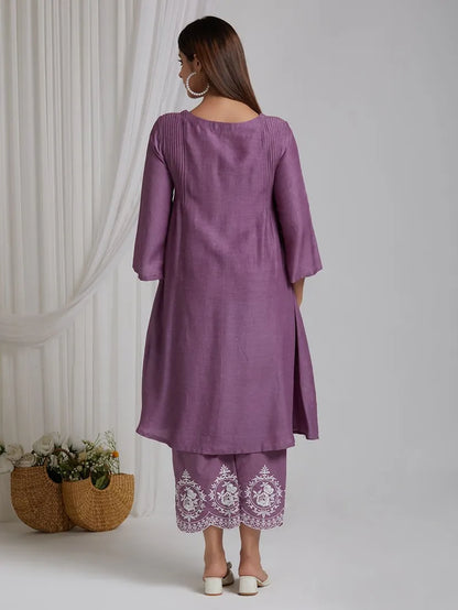 Lavender colour V-shaped cotton kurti-pant and dupatta set